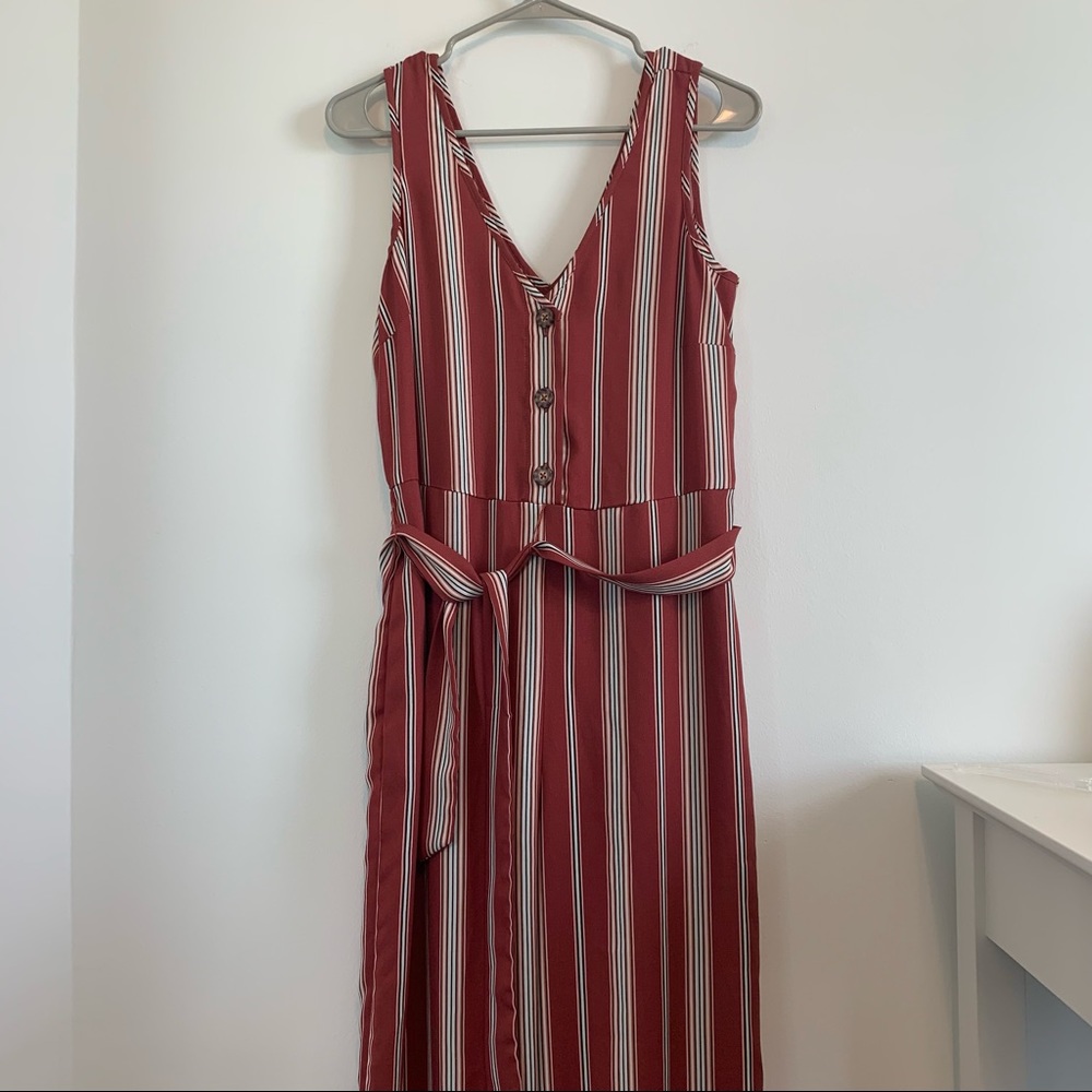 Xhileration Striped Halter Jumpsuit, Maroon and Tan, Size Small‎